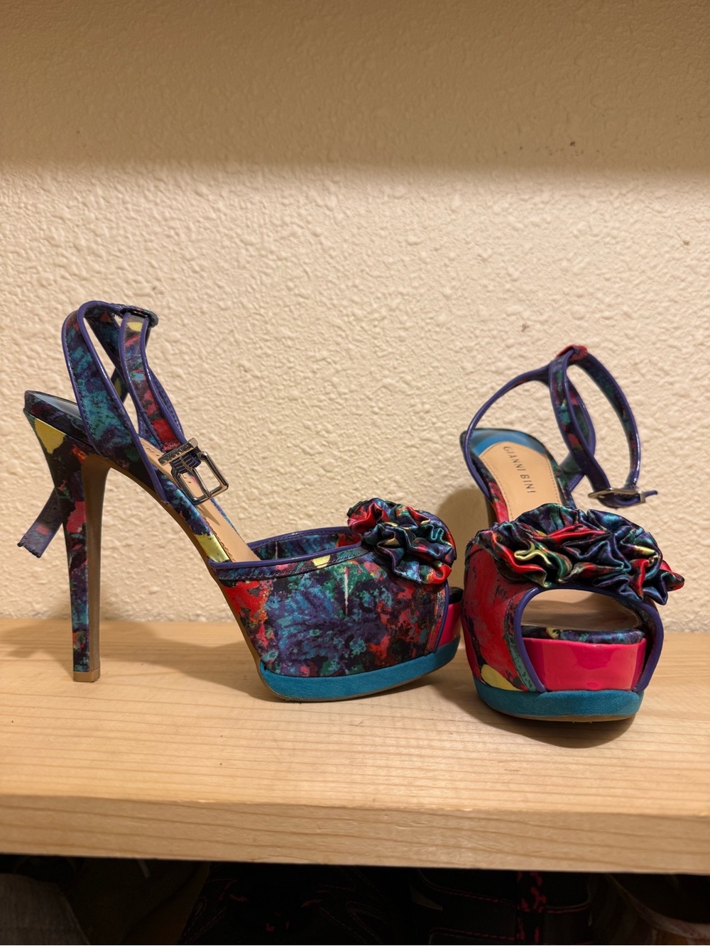 Gianni Bini Multicolor Floral Ruffle Platform Heels